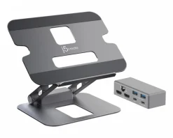 Adjustable Laptop Stand in Aluminum with Dual HDMI 4K USB-C Mini Docking Station