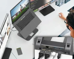 Adjustable Laptop Stand in Aluminum with Dual HDMI 4K USB-C Mini Docking Station