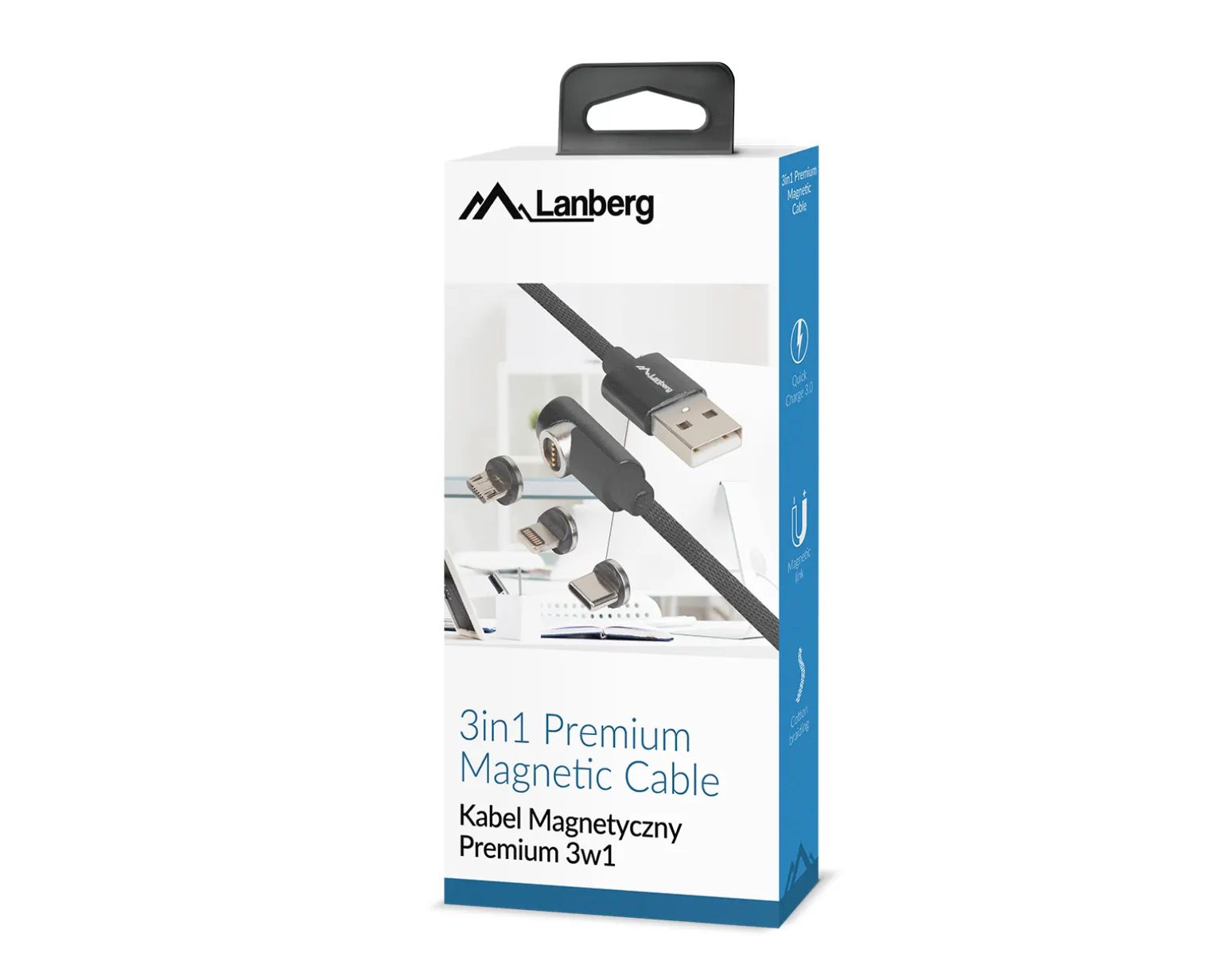 3in1 Premium Magnetic Angled Cable QC 3.0 - Black