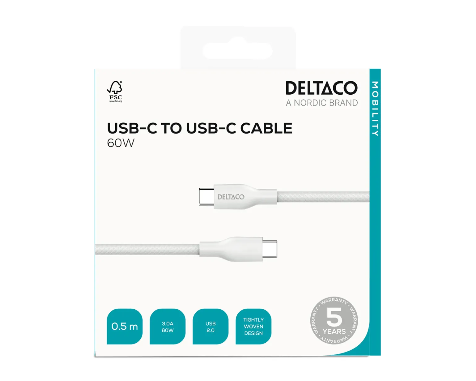60W USB-C to USB-C Charging Cable - White - 0.5 m