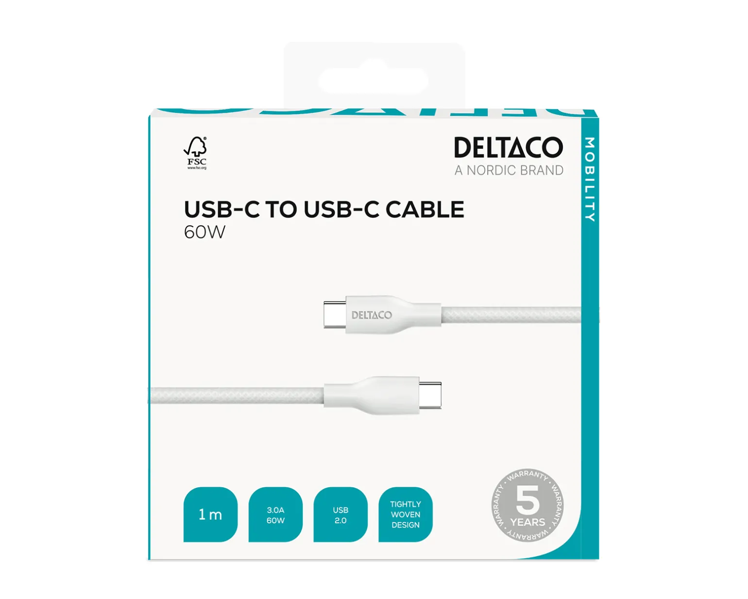 60W USB-C to USB-C Charging Cable - White - 1 m